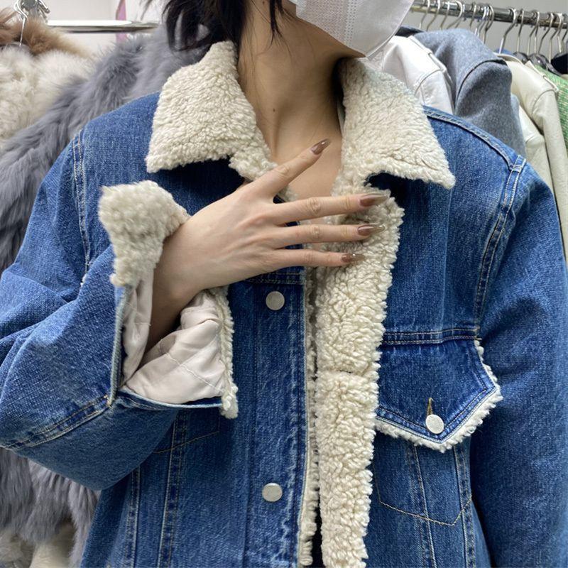 Winter Lamb Wool Denim Short Jacket Women's Retro Temperament Thin Thickened Warm Cotton Jacket Top Velvet