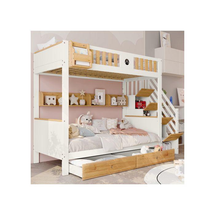 Etagenbett - 90x200 cm - Weiß + Natur - 2 Schubladen - Integrierte Aufbewahrungstreppe