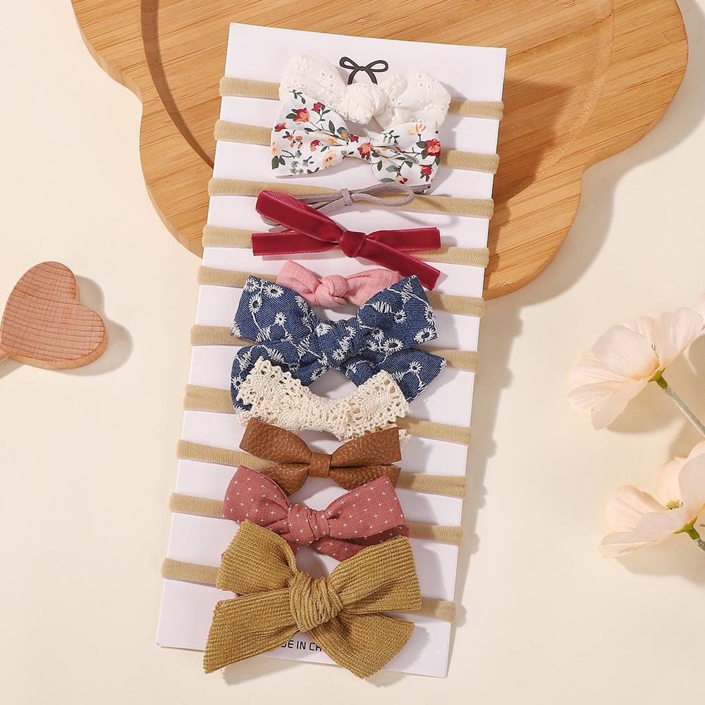 10Pcs Baby Girls Lace Flower Headband Set Handmade Leather Bowknot Elastic Nylon Velvet Hair Accessories for borns Toddler