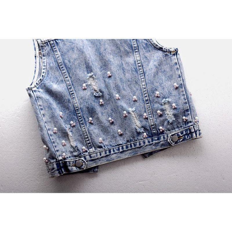 Cowboyweste Heavy Industry Nail Bead Ärmellose Schulteraufkleber Jeansjacke Damen Turndown-Kragen Top Einreihige Schnalle Neue Mode Herbst