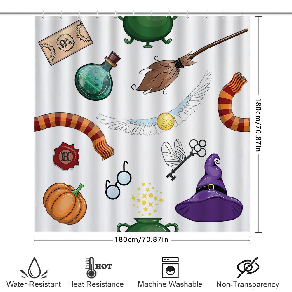 Harry Potter-themed Shower Curtain Featuring a Broomstick, Wand, Pumpkin Patch, and Magical Creatures Perfect for Halloween! (It