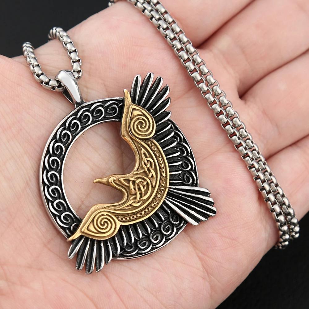 Norse Mythology Eagle Necklace Stainless Steel Viking Odin Raven Pendant for Men Cool Amulet Jewelry Gift