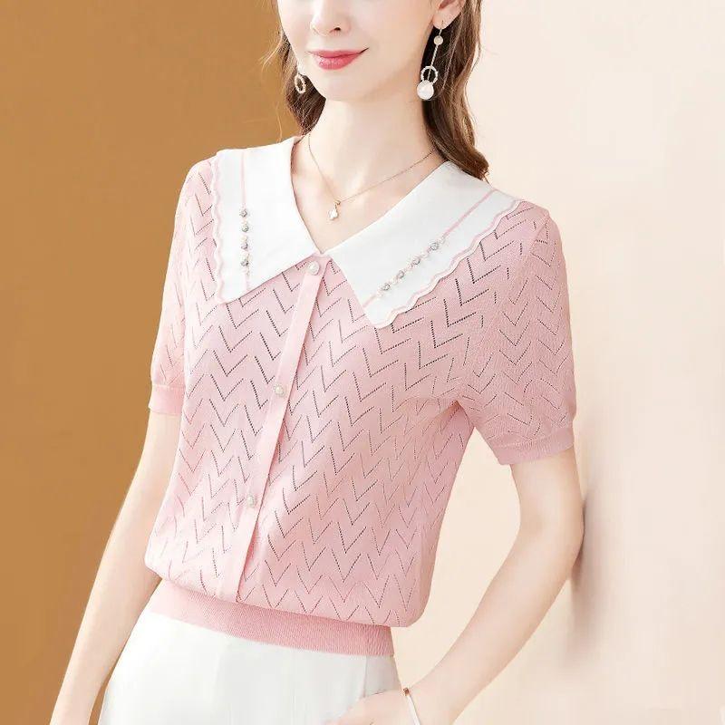 Eis Seide Gestrickte Top frauen Sommer Neue Puppe Kragen Nagel Perle Aushöhlen Dünne Bodenbildung Shirt S-3XL