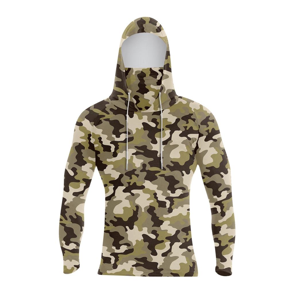 Men's Long Sleeve Hoodie with Built-In Face Covering Lightweight Camouflage Print Pullover for Outdoor Activities