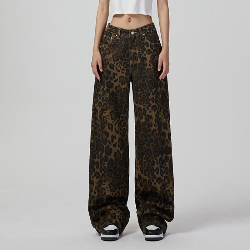 

American Retro Wide-leg Jeans Men Women Leopard Print Loose Slimming Pants Style M