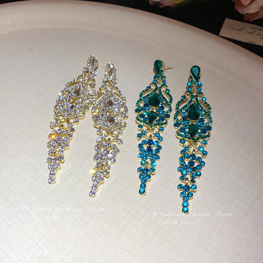 Silver needle with diamonds hollow water drop fringed earrings retro court style elegant earrings light luxury high-end earrings