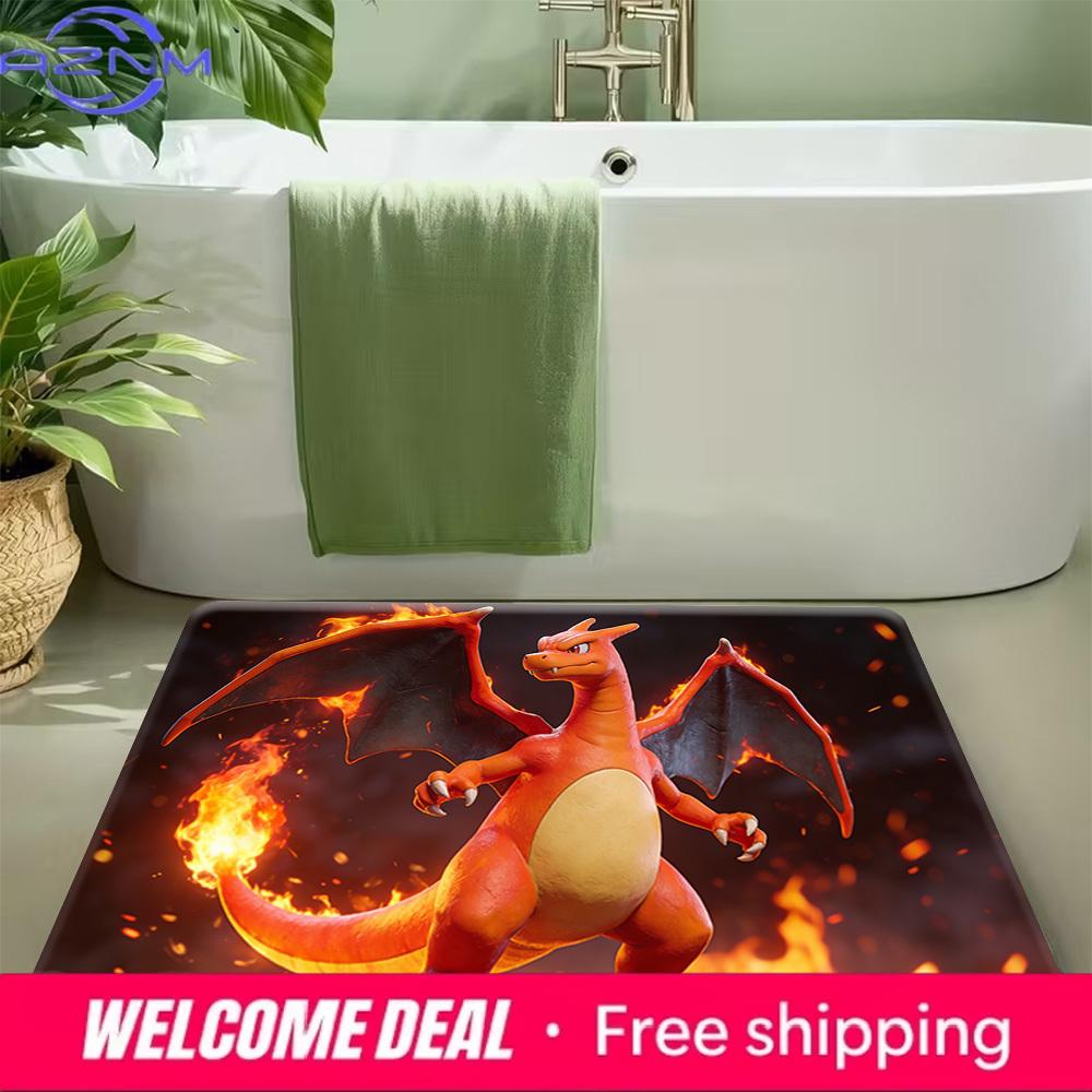 3D Charizard Fire Background Print Non-slip Doormat, Soft Absorbent Floor Rug for Home Decor