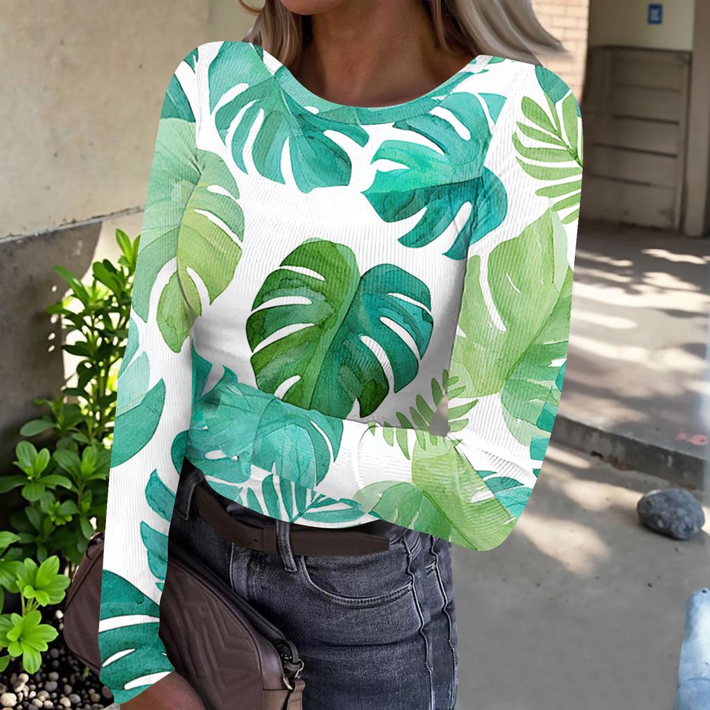 Women's Casual Fashion Round Neck Hawaiian Print Long Sleeve Ribbed Top
