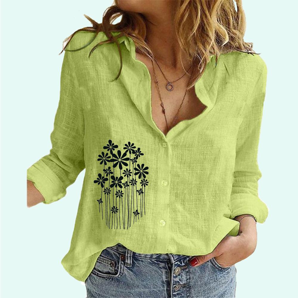 Women Fashion Floral Printed Blouses Female Lapel Neck Cotton Linen Top Casual Loose Buttoned Long Sleeve T-shirt