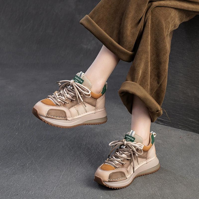 Fashion GKTINOO Sneakers Women Genuine Cow Leather Flats Thick soled Lace-Up Spring Autumn Lady Casual Flat Shoes Handmade Women Shoes