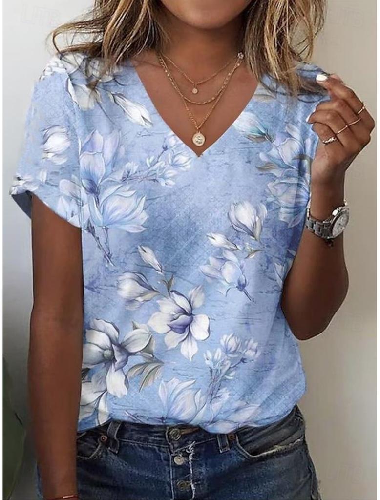 2025 New Summer Women's Cat Paw Color Print T-shirt V-neck Short Sleeve Street Casual Daily Basic Tops