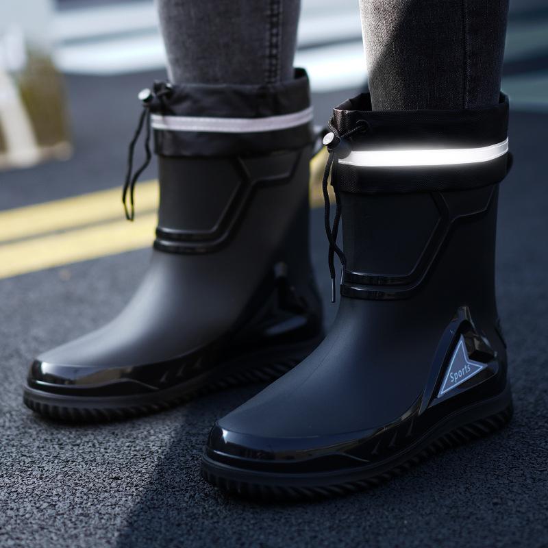 Rain boots men's waterproof drawstring fishing lightweight fleece cover warm non-slip flat rain boots