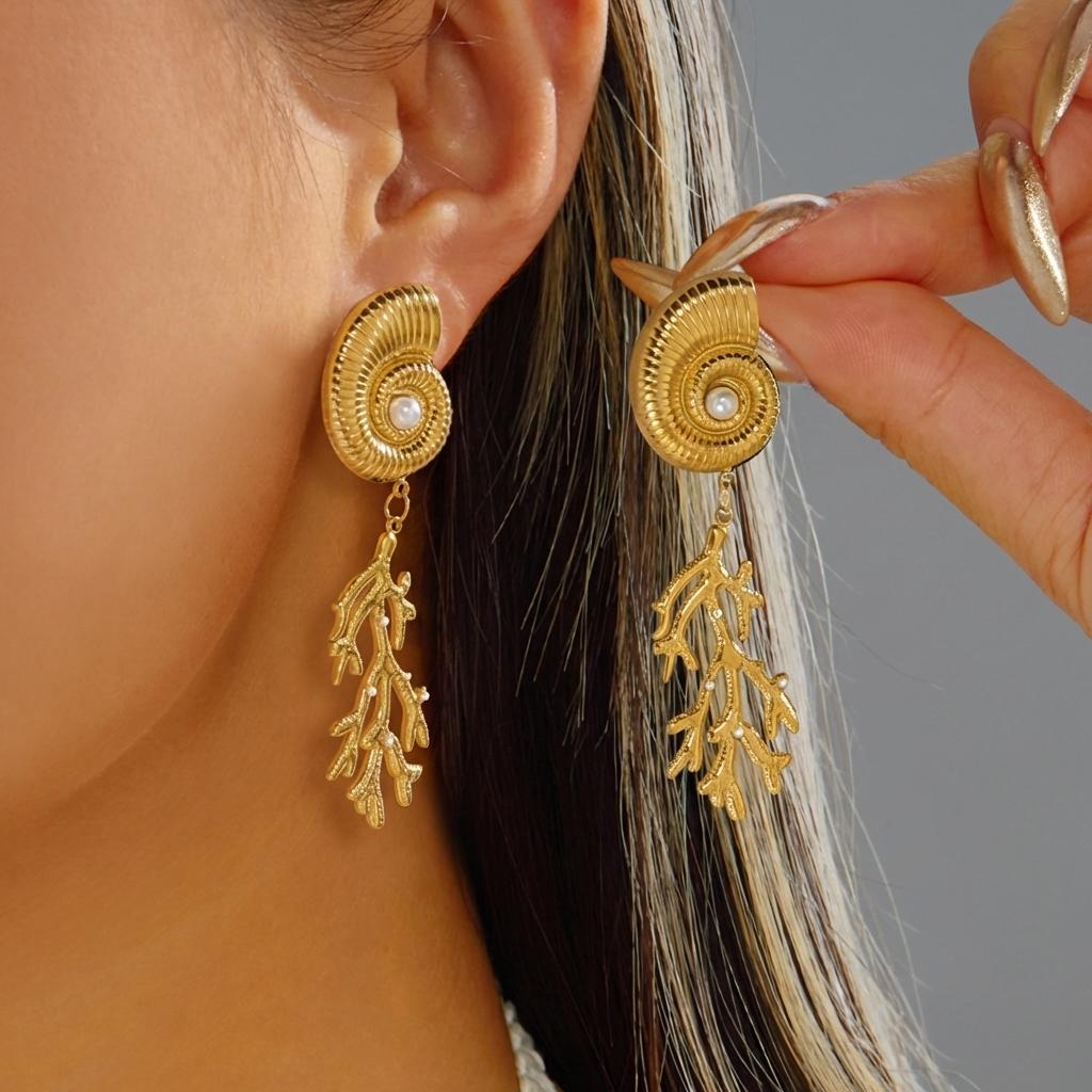 Ocean Style Creative Conch Hanging Long Drop Earrings For Women Metal Starfish Shell Pearl Tassel Earring Beach Daily Jewelry
