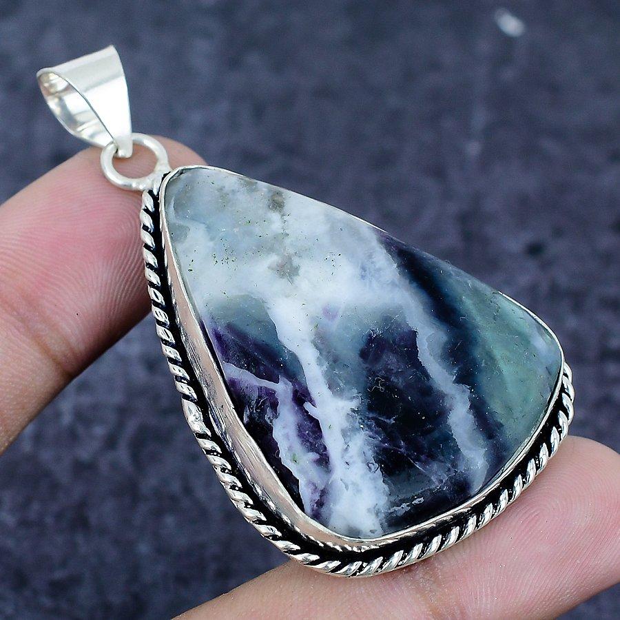 Natural Fluorite Gemstone 925 Sterling Silver Jewelry Pendant 2.44" w9C37