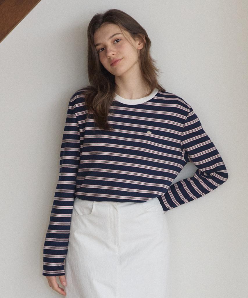 OURHOPE Multi-Stripe Logo Sleeve T-Shirt - Navy