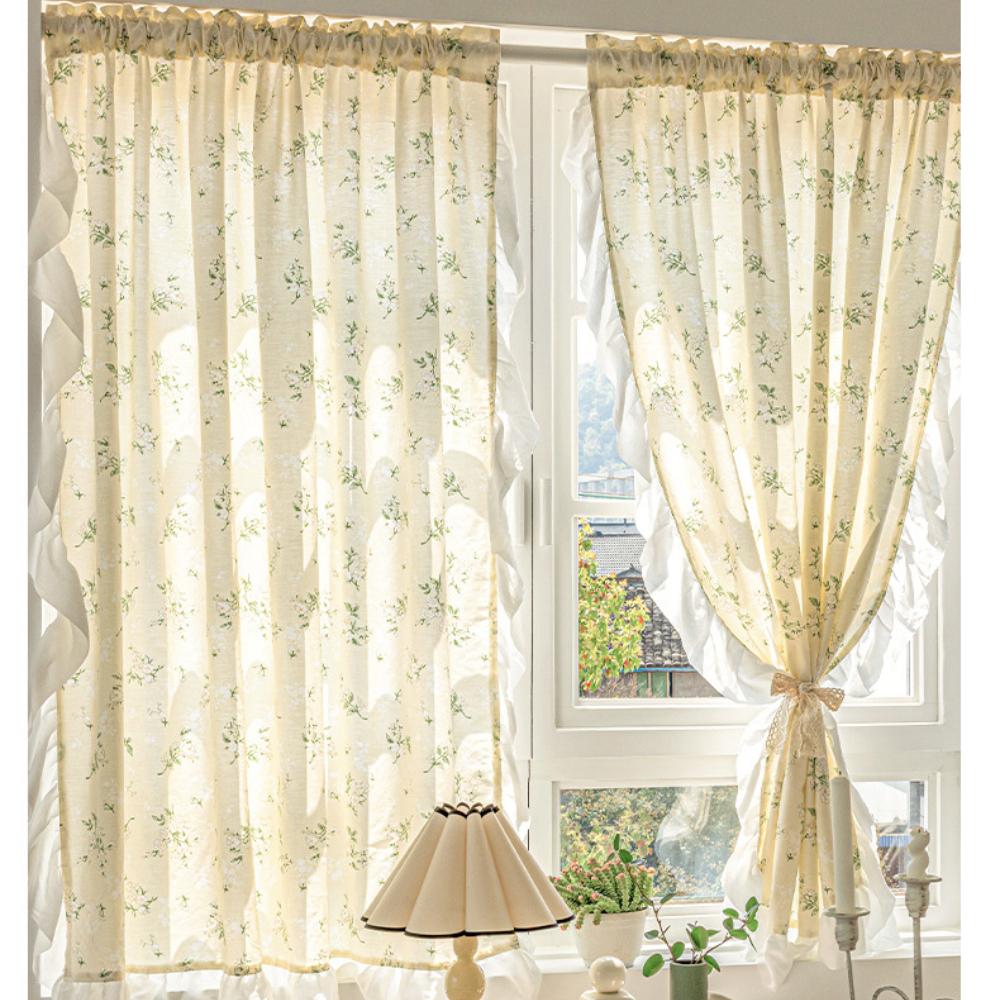 Curtains for Living Room Luxury Farmhouse Curtains Cotton Floral Ruffle Trim Privacy Drapes for Semi-blackout Vintage Chic Decor
