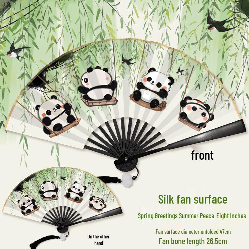 Children's Day Gift: Panda-Themed Silk Folding Hand Fan in Ancient Chinese Style - Portable and Cute for Dance