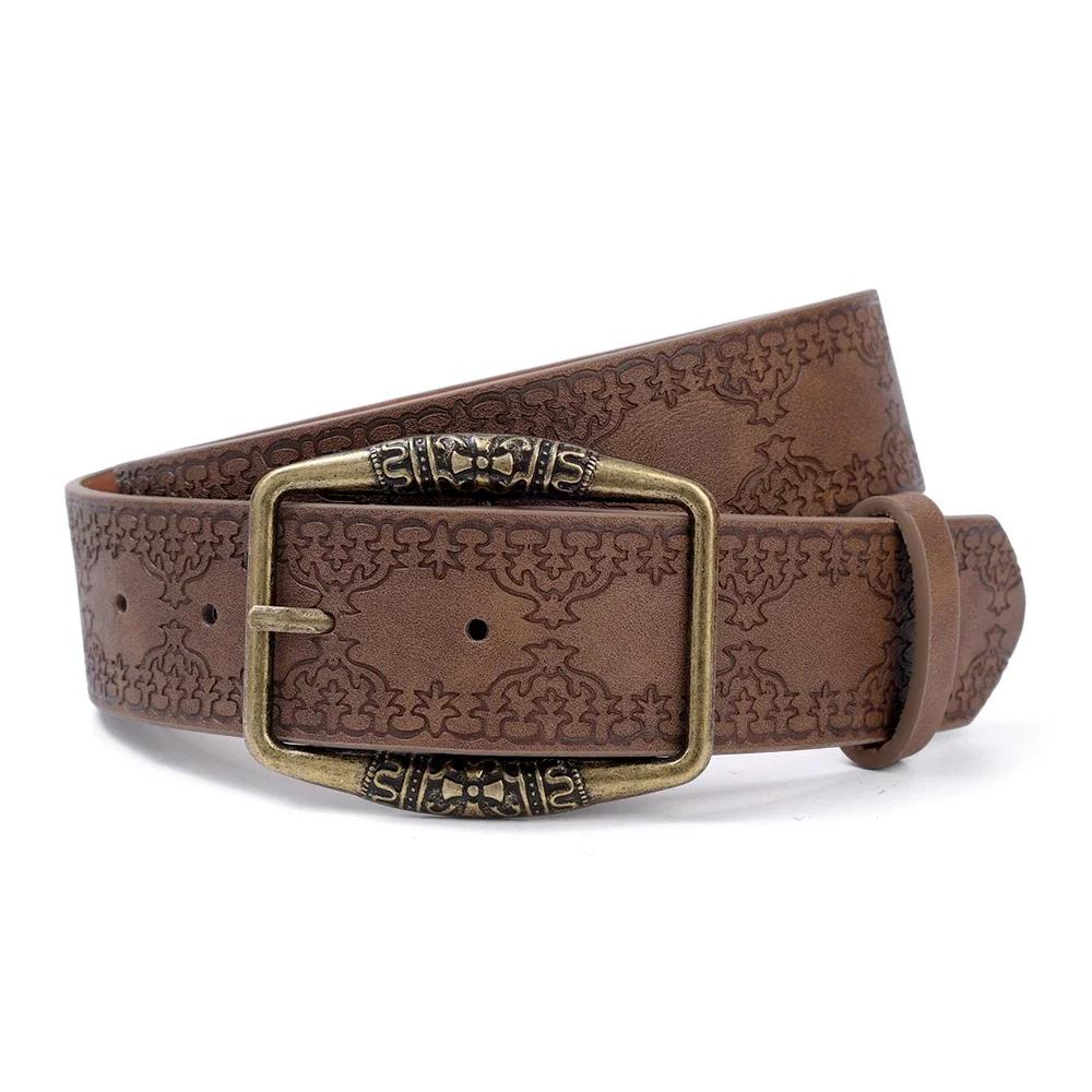 

Y2K Vintage All-Match Waistband Accessories American Retro Pattern Print Belts Women Pu Leather Designer Buckle Pin Waist Belt коричневый