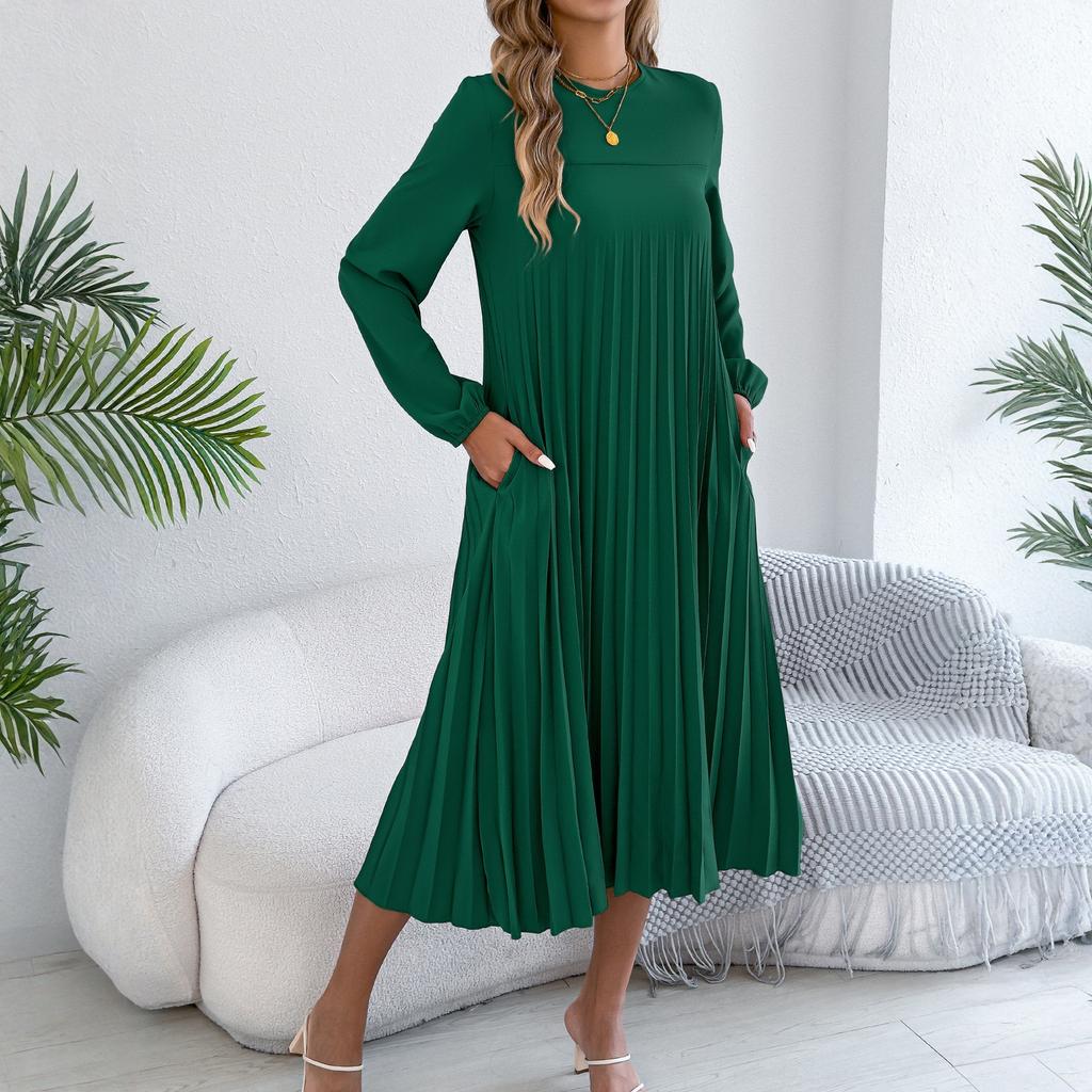 Women's Casual Color Long,sleeved Pleated Dress With Pockets