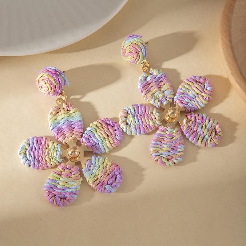Dopamine Flower Woven Earrings: Summer Beach Raffia Studs for Women