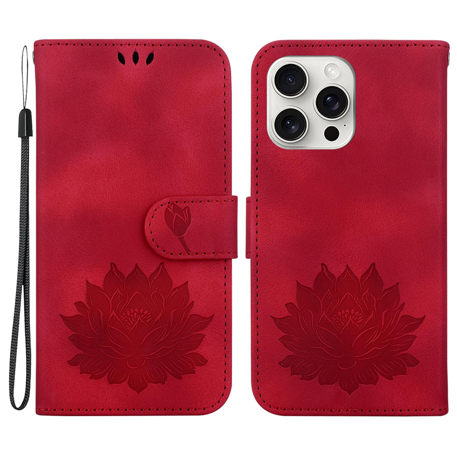 

Чехол для телефона iPhone 16 Pro Max Кожаный чехол-подставка с тиснением лотоса Red