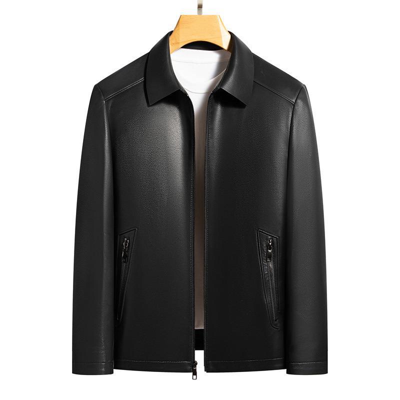Jarní a podzimní nová kožená pánská bunda z ovčí kůže, business bunda s klopami z měkké kůže pro tatínky středního věku