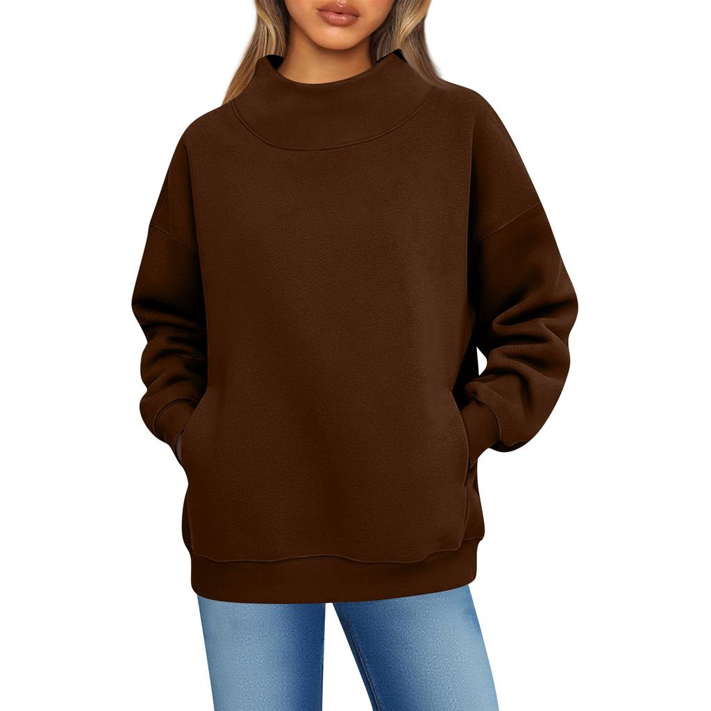 Women's Fashionable Casual Solid Color Round Neck Long Sleeved Pocket Sports Casual Pullover Sweatshirt Top