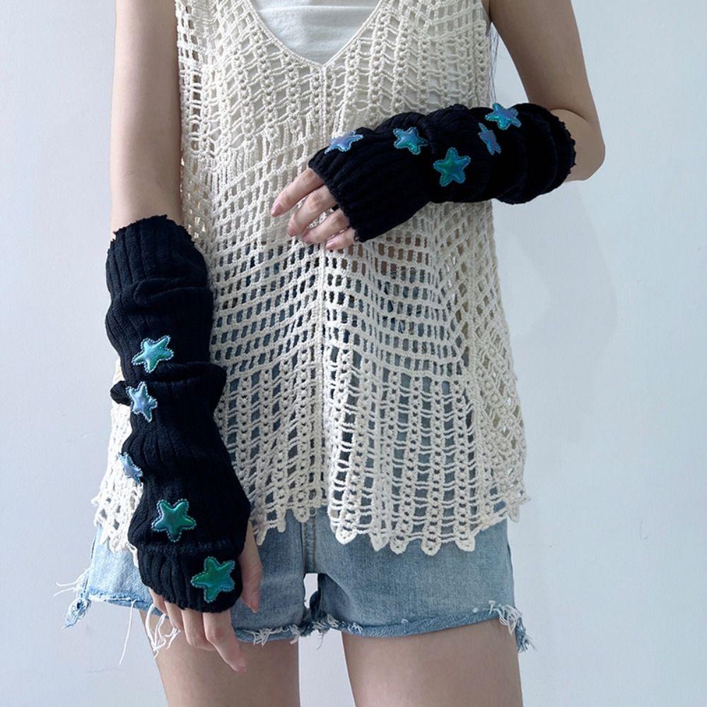 Y2k Star Knitted Gloves Gothic Wool Sleeve Cuff Punk Fingerless Gloves  Girls