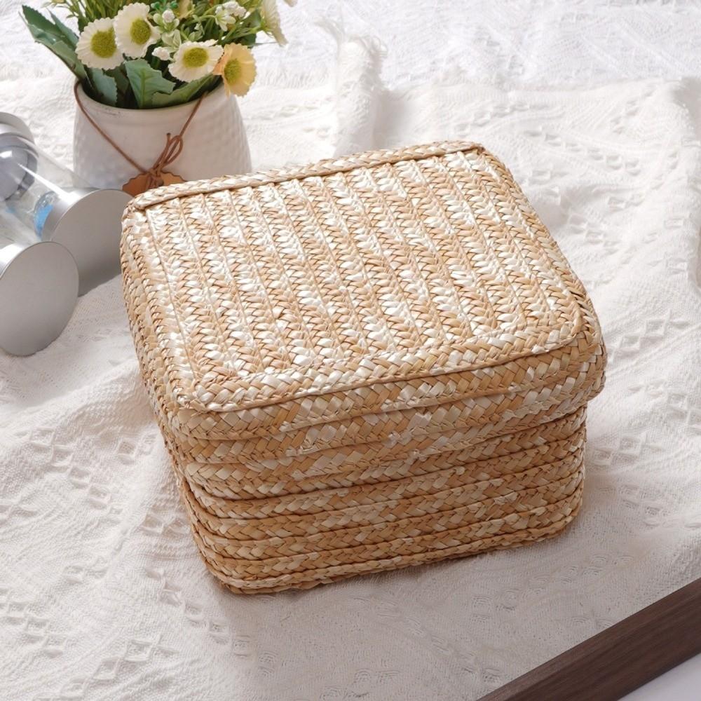 Handmade Woven Woven Storage Basket Round Shape Natural Straw Straw Storage Box Rustic Style With Lid Cosmetic Storage Container