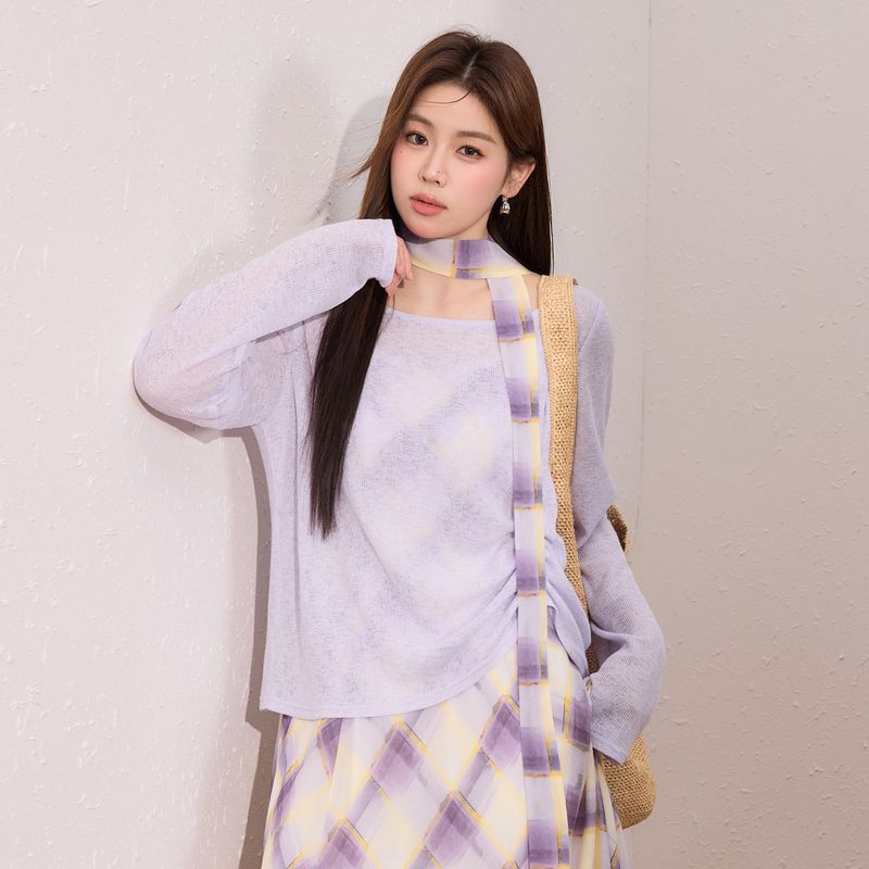 Lanyu Платье-туника из шифона фиолетового цвета большого размера с асимметричными бретелями, летнее, с защитой от солнца, новый стиль, полный комплект Purple Top in Stock L([Recommendation 55-62.5kg])