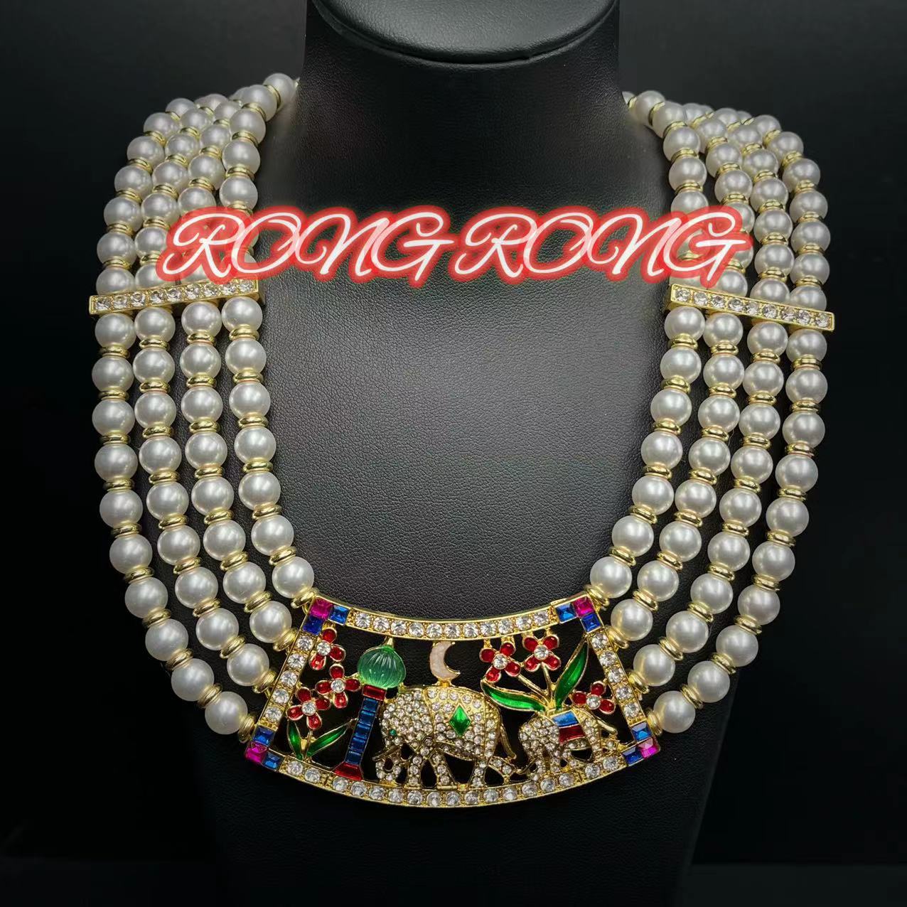 Vintage Heavy Duty Elephant Multi Layer Pearl Necklace Exotic Western Antique Earrings Jewelry