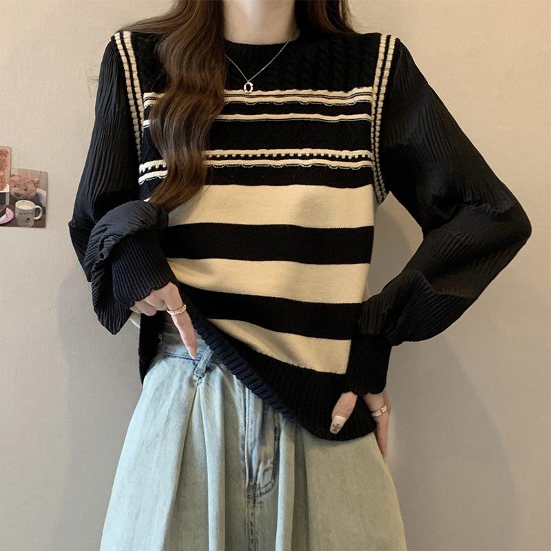Black and white striped round neck fake two-piece lantern sleeve knitted sweater women's spring splicing sweater loose shirt