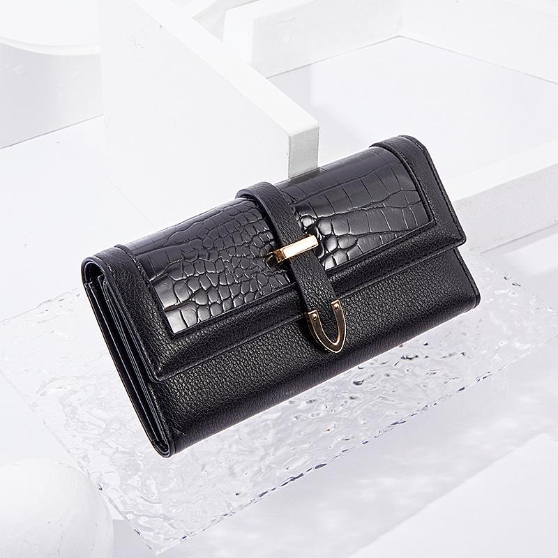2025 Women s Three-Fold Crocodile Pattern Wallet with Buckle – European American Style Coin Purse чёрный