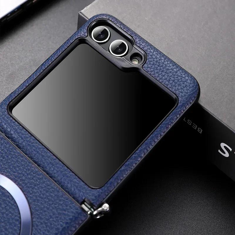 Luxury Litchi PU Leather Magsafe Wireless Charge Case for Galaxy ZFlip 7 6 Flip 3 4 5 ZFlip4 Zflip5 Magnetic Shockproof Cover