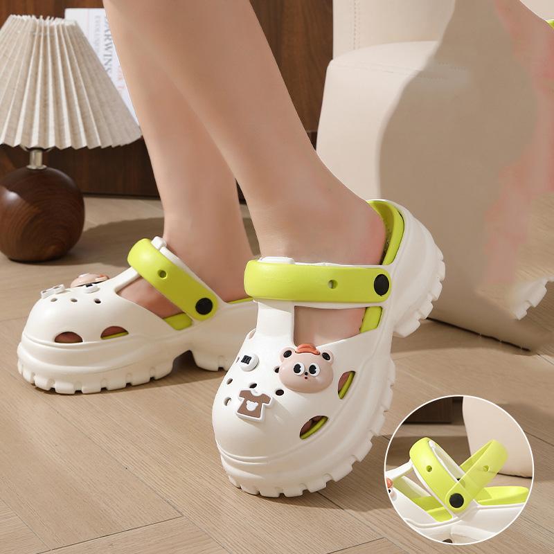 Unisex Summer Large Size Thick Bottom Cartoon Bear Indoor Hole Beach Sandals Women Men Casual Sponge Cake Anti Slip Slippers For Couples 36-41