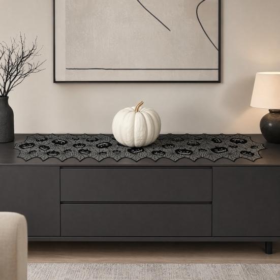 Halloween Tischläufer, 70 x 15 Zoll Schwarzer Spitzen-Spinnennetz-Tischläufer, Gruselige Gotische Kürbis-Esstischdekoration für Halloween-Küchendekor,