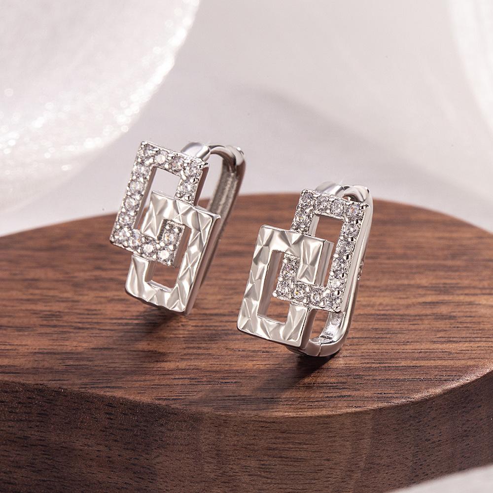 925 Sterling Silver Stylish Simple Square Edge Geometric Zircon Ear Buckle Birthday Party Anniversary Gift