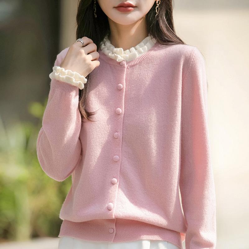 Women's Long Sleeve Knit Cardigan Ruffle Collar Sweet Knit Sweater Color Block Single Breasted Top