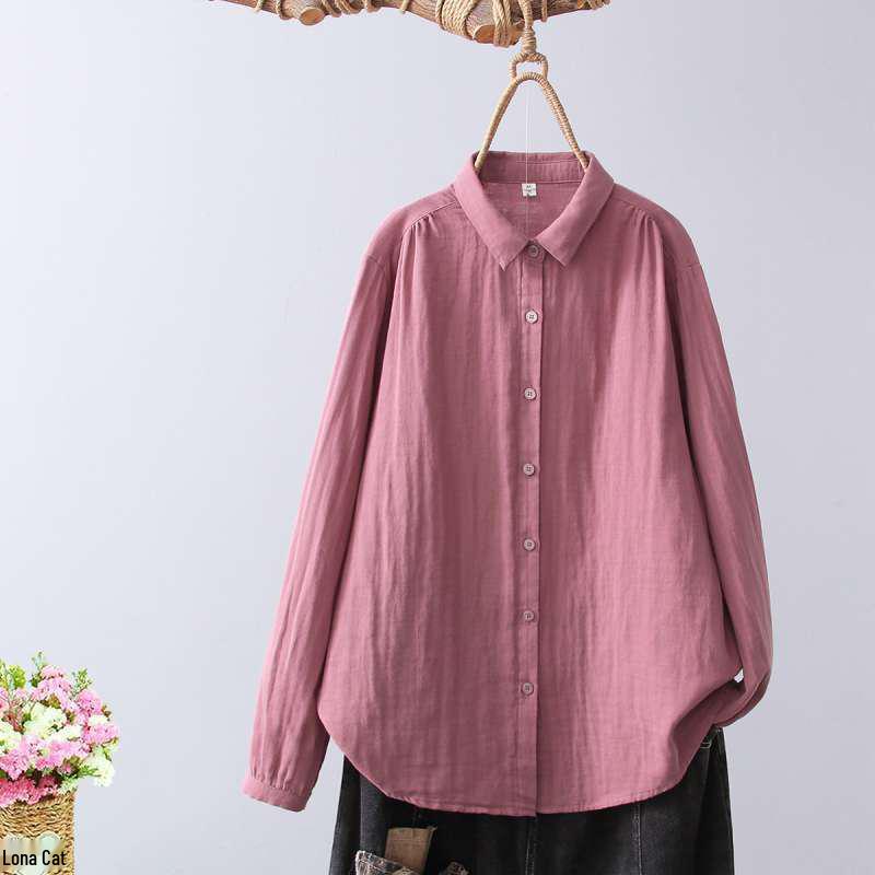 Women's Soft Cotton Double Layer Gauze Long Sleeve Shirt, Versatile with Pointed Collar