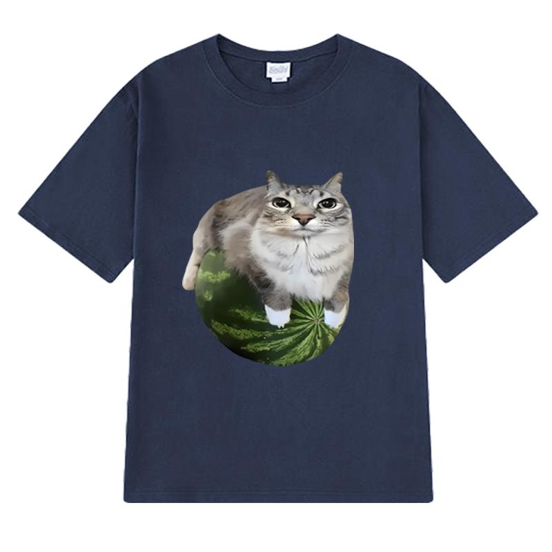 Funny Watermelon Cat Silly Cat Meme Printed T Shirt 2025 New Men Women Oversized Short Sleeve T-shirts Unisex 100% Cotton Tops