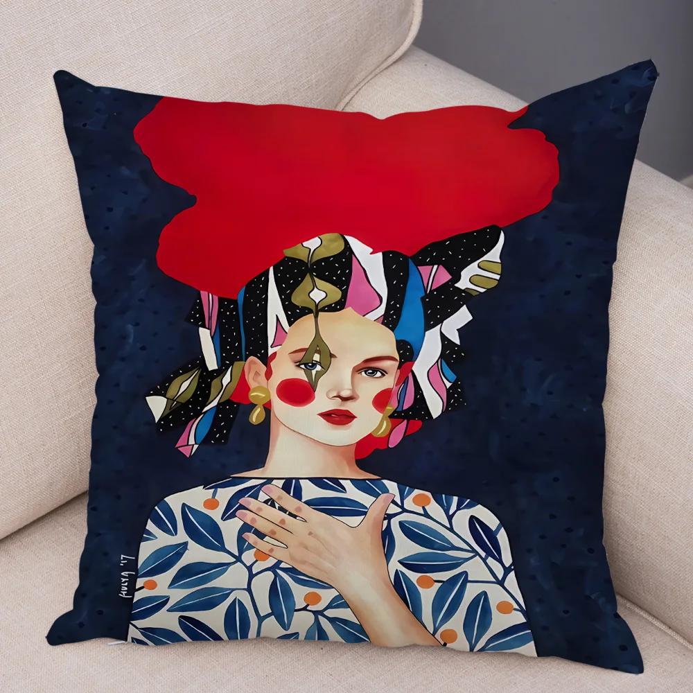 Fashion Abstract Girl Pillowcase Soft Plush Decor Cartoon Flower Lady Cushion Cover for Sofa Home Throw Pillow Case 45x45cm