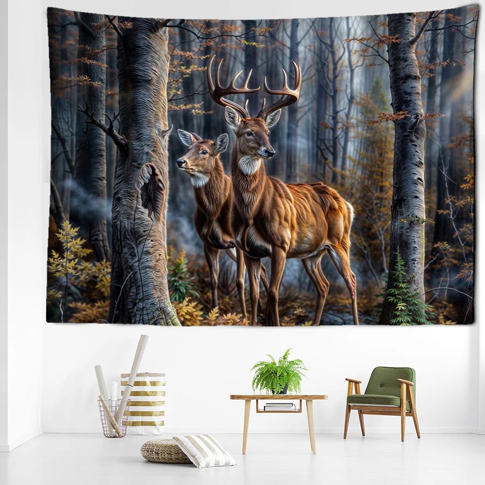 Vintage Elk Forest Tapestry Wall Hanging Hippie Bohemian Minimalist Art Landscape Dormitory Living Room Home Decor