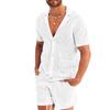 Summer Men's V-neck Short-sleeved Cardigan and Shorts Suit, Fashion Hollow and Breathable Two-piece Men's Suit