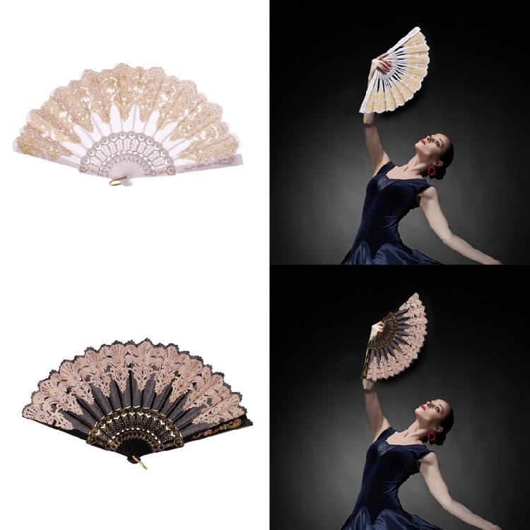 Golden Floral Folding Hand Fan Vintage Cloth Fabric Fans Chinese Foldable Hand Fan for Wedding Festival,Dances,Party
