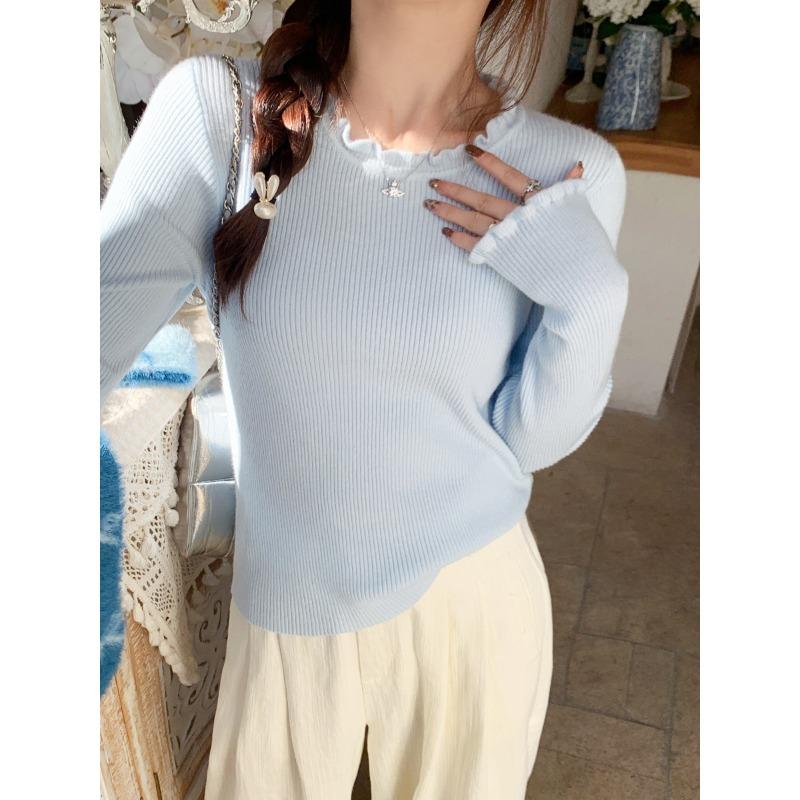 

Женская трикотажная футболка с фестончатым краем, новинка начала осени, внутренний трикотажный топ, осенне-зимний свитер с круглым вырезом One size fits all [recommended 80-60kg] синий