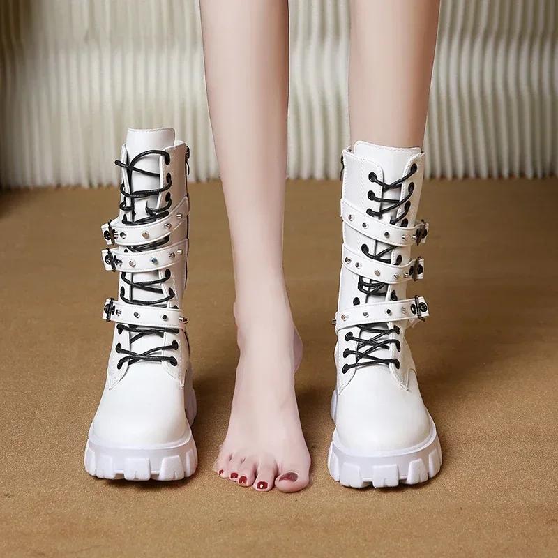 WOMEN BOOTS Goth Boots Woman Winter  Platform Shoes Sneakers Studded Belt Buckle Punk  Chunky Heels Mid Calf Boots