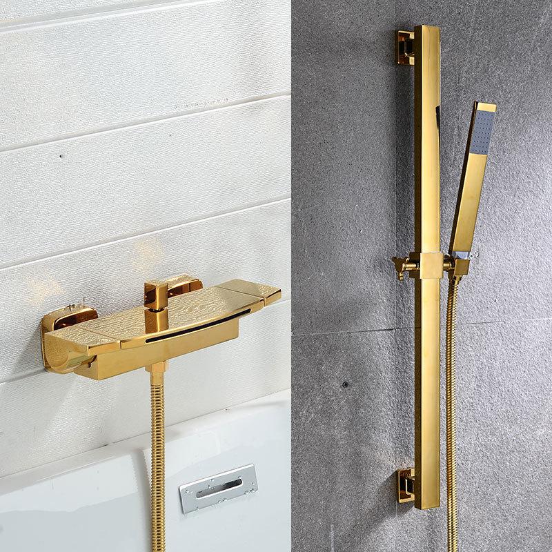Brass Waterfall Bathtub Faucet Set with Black Exposed Edge and Hot/Cold Shower Head
