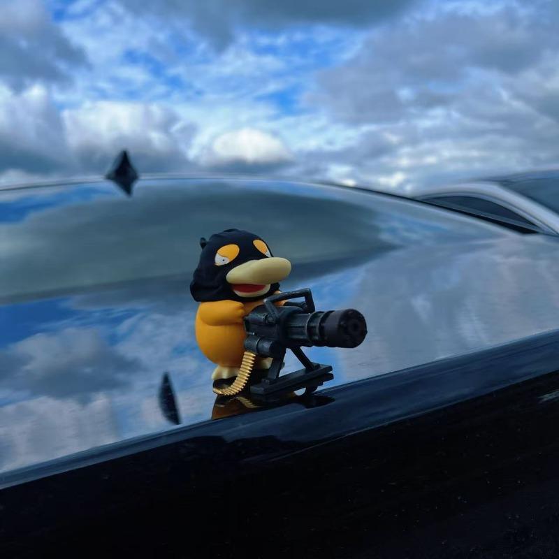 Psyduck with Gatling Gun Figure Funny Road Bandit Car Ornament Dashboard Trunk Creative Car Dashboard Decor