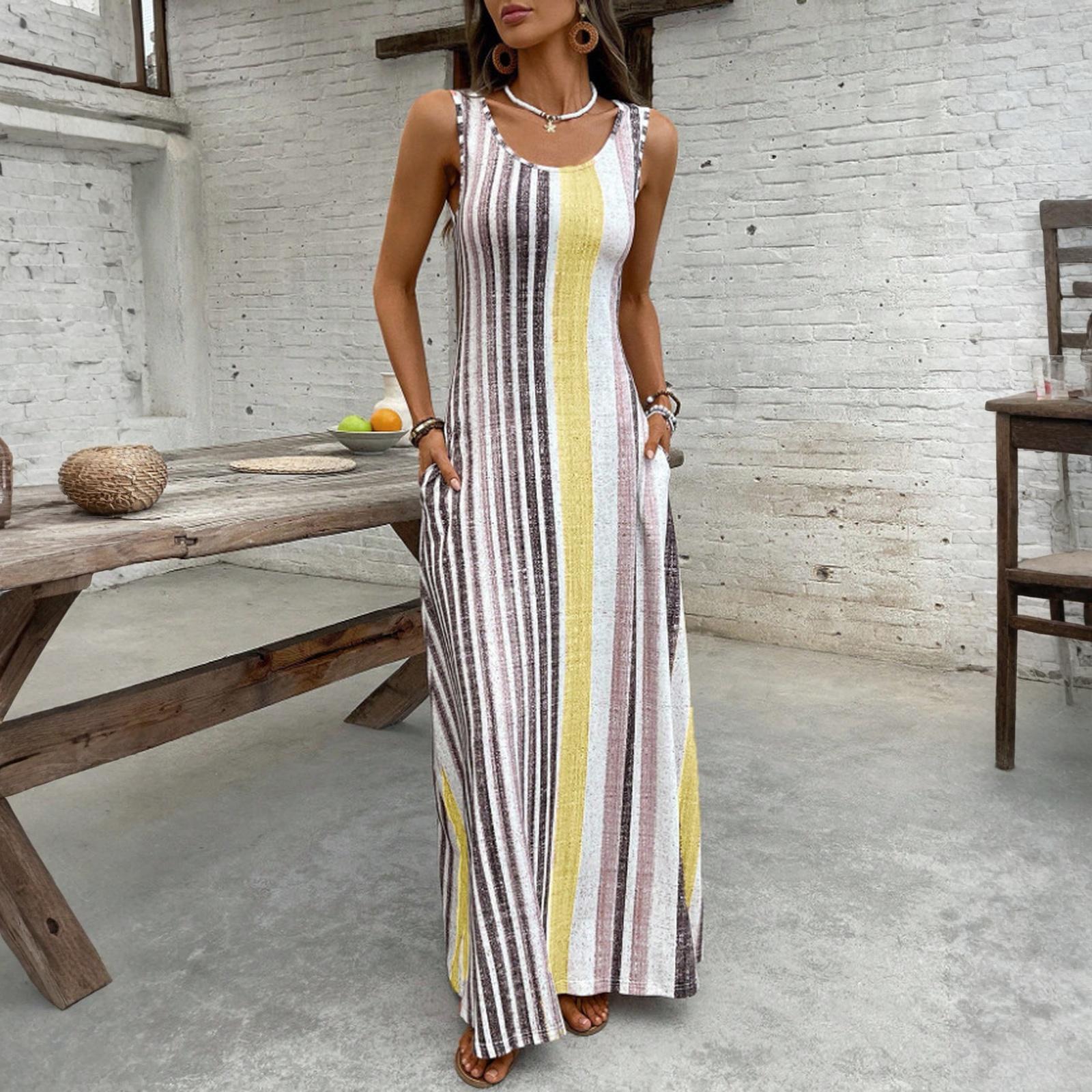 

Women s Dress Casual Flowy Dresses R-neck Vocation Boho Beach Sundress M жовтий