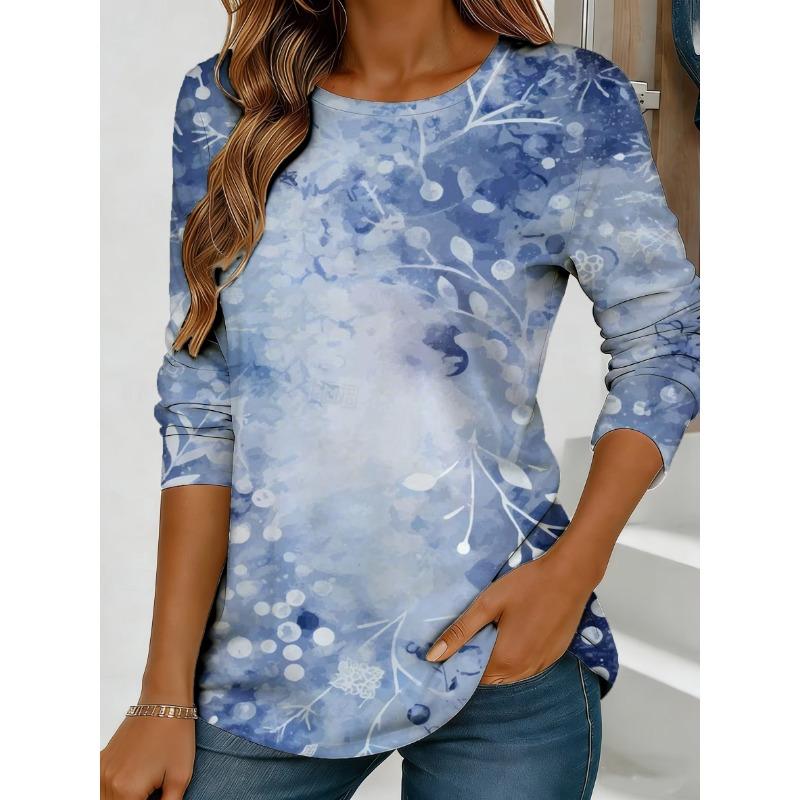 Women's Colorful Floral and Butterfly Print Long-sleeved Loose-fitting Round Neck Top, Casual Everyday Style